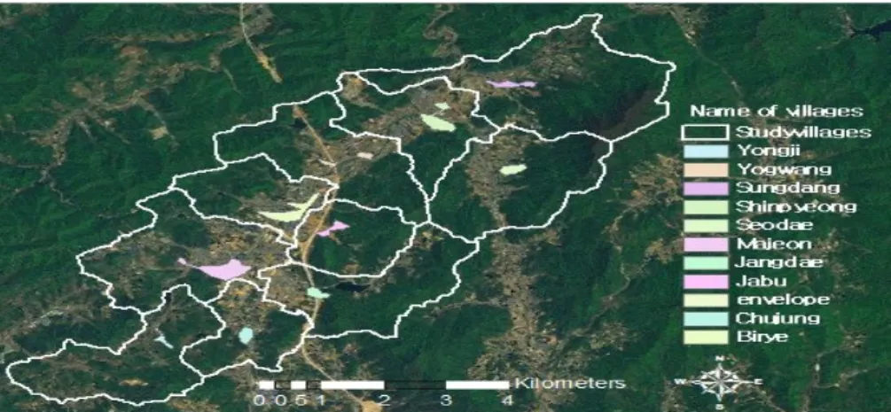 Figure 2. Area site map of Study villages여기서, 는  총발전량(kWh), 는  발전효율, 는 어레이 면적(㎡),  그리고 는 경사면일사량(kWh/㎡)이다