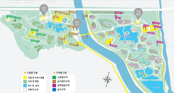 Figure 3.  2013 순천만 정원박람회장 안내도(자료: http://www.2013expo.or.kr/) 용하여 농업 관련 산업을 특화 산업으로 육성하고자 하는 네덜란드 벤노,  원예·조원(造園)산업 진흥을 통해 지역 활성화를 도모한 시즈오까 등이 대표적인 사례로 연관 산업 진흥을 통해 민간 투자를 유발하고 관광 산업과 연계하고 있다.여섯째,  대부분의 정원박람회는 시작 단계에서부터 활용 방안이 계획되었고,  장기적인 관점에서 지역 개발 효과를 일