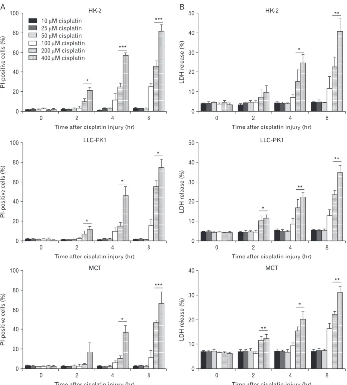 Fig. 1. Cisplatin induces necrosis in kidney proximal tubular cells. After 18 hours of starvation, HK-2, LLC-PK1, and MCT cells were treated with  10, 25, 50, 100, 200, or 400 μM of cisplatin in phosphate buffered saline (control) for 0, 2, 4, or 8 hours
