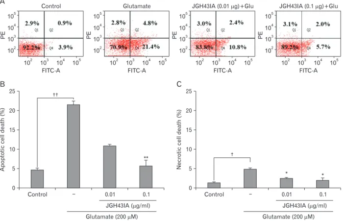 Fig. 4. Effect of JGH43IA on the types of glutamate-induced cell death. Flow cytometric analysis of the type of cell death in glutamate-treated cor- cor-tical neurons