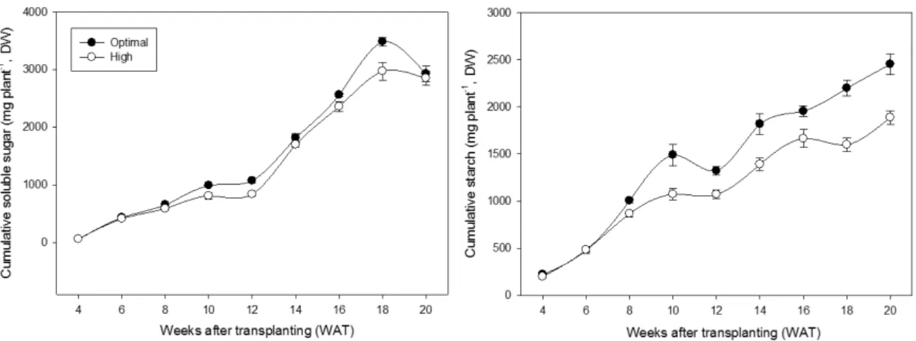 Fig. 3. Cumulative levels of soluble sugars and starch in cucumber plants grown under different temperature conditions (n=5)