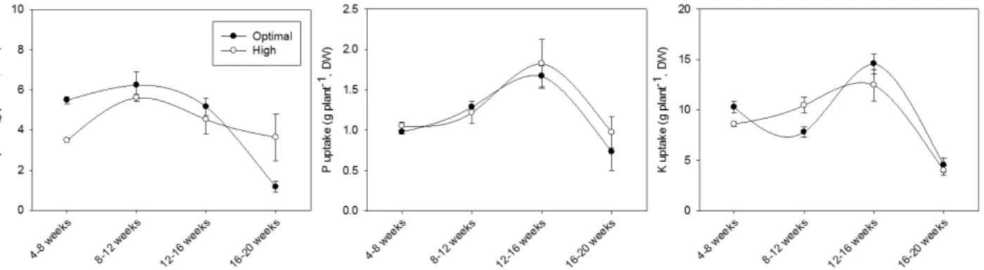 Fig. 6. Monthly uptake of nitrogen (N), phosphorus (P) and potassium (K) in cucumber plants grown under different temperature  conditions (n=5)
