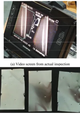 Fig. 6 Video screen obtained from real blade inspection and images  from experimental environment