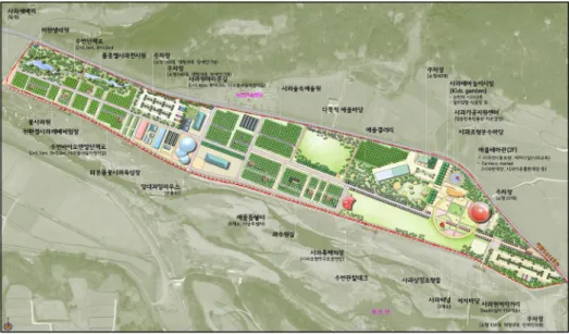 Figure 5 종합계획도절‧성토에  의한  자연지형의  훼손을  최소화하고  기존의 경관을 최대한 활용하며,  대상지내에 위치한 기존 사과밭을 정비하고 사과재배체험 및 품종별 사과전시 공간을 조성하여 체험의 극대화를 유도하였다.4)  자연관찰체험의장연구 대상지의 외부 연접공간에 해당하는 곳으로 기존 자연환경을 보존하며 수변 관찰데크를 배치하여 수변 관찰 및 산책을 위한 소극적 개발공간으로 조성한다