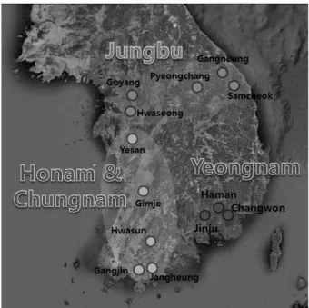 Fig. 1. The survey area of paprika pests in Korea.프리카는 국제시장에서도 네덜란드, 뉴질랜드 및 중국 등과의 경쟁이 치열하게 전개되고 있는 가운데, 일본으로 수출을 시작한지 10여 년 만에 네덜란드를 제치고 시장 점유율 66%를 차지하였다