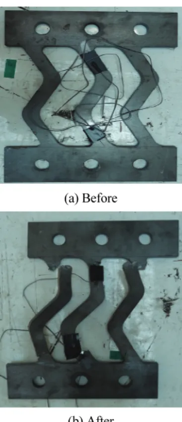 Fig. 14 (a) 에 I형 댐퍼의 포락선을 정리하였는데, 스트럿 높 이 140mm(형상비 = 높이/폭=140/30=4.67)인 경우의 강도 능 력(최대강도 63kN, 변위 29.6mm)이 우수한 것으로  평가되었 으며, 스트럿 높이 260mm(형상비 = 높이/폭=260/30=8.67)인  경우 변형 능력(최대강도 31.3kN, 변위 70mm)이 우수한 것으 로 평가되었다