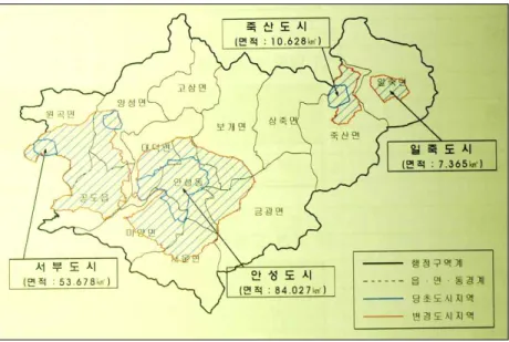 Figure  2  함양군 도시(군)관리계획 수립 대상지역(2008). 자료  :  안성시  도시관리계획  재정비  보고서,  2006Figure  1    안성시 도시(군)관리계획 수립 대상지역(2009년).체 면적의 2.7%에 불과하다