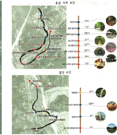 Figure 6 감꽃권역 소권역 구분도.       Figure 7 감꽃권역 12景. Figure 8 반시테마공원 계획안.           Figure 9 공동주차장 계획안.송금·다로 소권역은 기초생활환경정비를  테마로 설정하였다