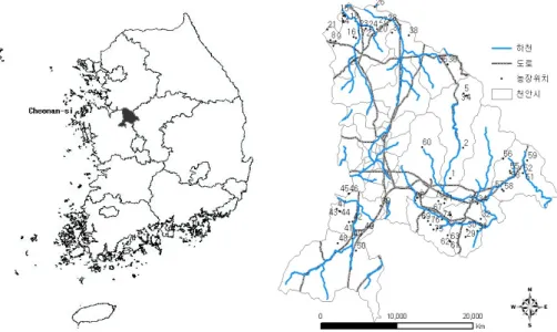 Figure 1 Location of study area and 76 farmstead positions.발하게 응용되어 왔다. GIS를 이용한 적지분석을 위해서는 적절한 평가기준을 설정하고,  평가기준들에 대한 각종 주제도들을 구축한 후에 GIS  기능을 이용한 공간분석을 통하여 평가기준별 자료를 도출하여야 한다