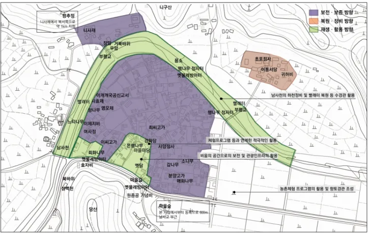 Figure 8 남사예담촌  원형경관  재생․활용  기본계획. 요하다.  이동서당은  비교적  양호한  상태이나  사용하지  않는  가옥과  축사가  방치되어  있으며,  각종  건축자재와  수풀  등이  우거져  주변의  정비가  요구되는  상황이다