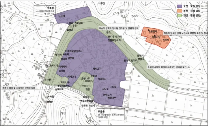 Figure 7 남사예담촌  원형경관  복원·정비  기본계획. 마을  내의  옛담은  토석담과  판석담,  돌담이  다양하게  공존하며,  전반적으로  보전이  양호한  상태이나  현대식  가옥과  콘크리트  블록담과  부조화를  이루는  곳도  일부  발견되고  있다