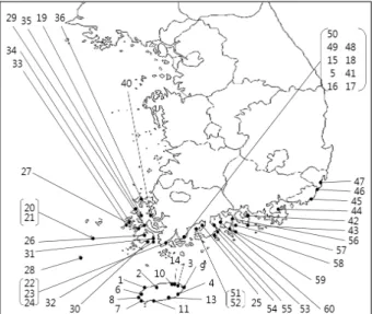 Fig. 1. Collection locations of New Zealand spinach ecotypes  native to Korea.의 토양은 일반적으로 가용성 염류와 치환성 나트륨이 과다하게 함유되어 있기 때문에 염분농도가 대단히 높고, 일반 토양에 비해 자연 비옥도가 낮아 작물의 발아 및 생장에 악영향을 미치게 되어 궁극적으로 생산량을 저하시킨다(Lee 등, 2000)