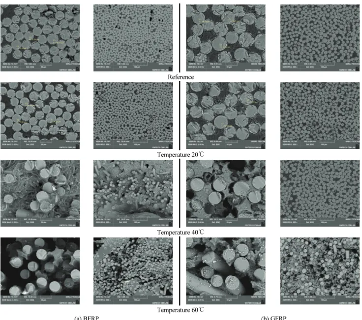 Fig. 2 SEM images on the reference condition and immersed condition in alkaline solution for 20 days (2,000X and 500 X, respectively)