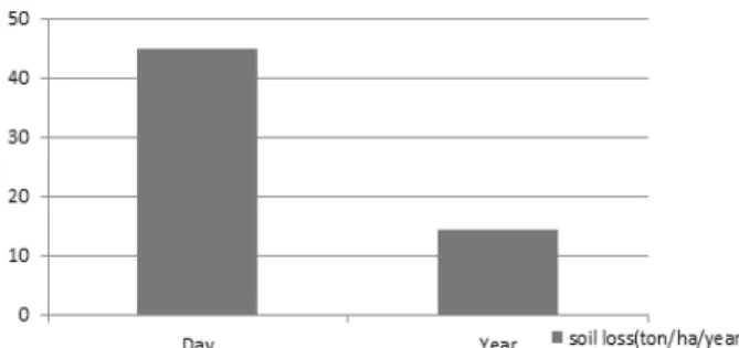 Fig. 11. Soil loss estimated with daily R and annual R factor. 강우량을 선정하였다. Fig.11은 일강우량과 연강우량을 비 교했을 때 일강우량이 토양유실량을 산정하는 과정에서 더  정확한 결과 값에 근접할 수 있다는 것을 알 수 있었다