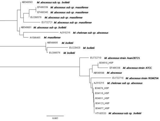 Fig. 3. Phylogenic trees of hsp65 se- se-quences of the six isolates (B34610_