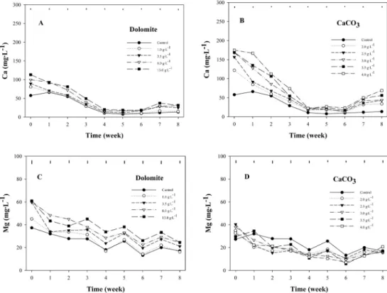 Fig. 2. Influence of pre-planting application rates of dolomite (A and C) and calcium carbonate (B and D) on the changes in calcium  concentrations and magnesium concentrations of peatmoss + vermiculite media (1:1, v/v) during 8 weeks after sowing of ‘Red 