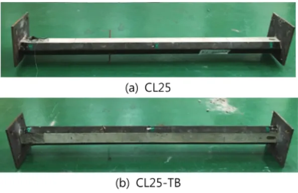 Fig. 9 (b) 에서 알 수 있듯이, 실험 최대하중에 도달하기 전 에 무시할 수 없는 휨거동이 관찰되었다.  또한, CL25와  CL25-TB  실험체의 강성이 거의 동일함을 알 수 있다