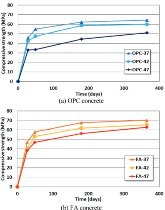 Fig. 8 Evaluation of relation between time-parameter and  compressive strength OPC  배합의 경우 압축강도가 증가할수록 선형적으로 시간 의존성지수가 증가하는 경향을, 플라이애시 치환 배합은 압 축강도가 증가할수록 선형적으로 시간의존성지수가 감소하 는 경향을 나타내었다