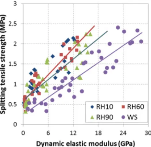 Fig. 6 Total results of correlation between dynamic elastic modulus  and splitting tensile strength