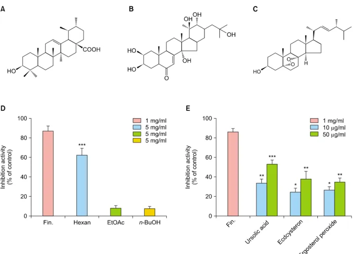 Fig. 5. Molecular structures of (A) ursolic acid; (B) ecdcysteron; (C) ergosterol peroxide; (D) inhibition of 5α-reductase as mesured  by high-performance liquid chromatography with various fractions of Melandrium firmum extract (5 mg/ml) and (E) its major