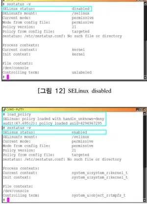 그림  11에서와 같이 subject가 object에 access하기 위해 서는  subject가  갖고  있는  security context가  object의  security context에  대하여  access  권한을  갖고  있는지  security policy DB에서 확인하고 권한이 있으면 access할 수  있지만 만일 권한이 없으면  access할 수 없게 된다.