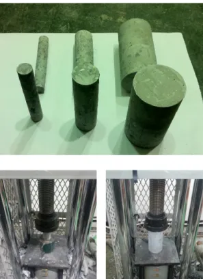 Fig. 10 Drilled core samples with different diameters and test  setting for compressive strength