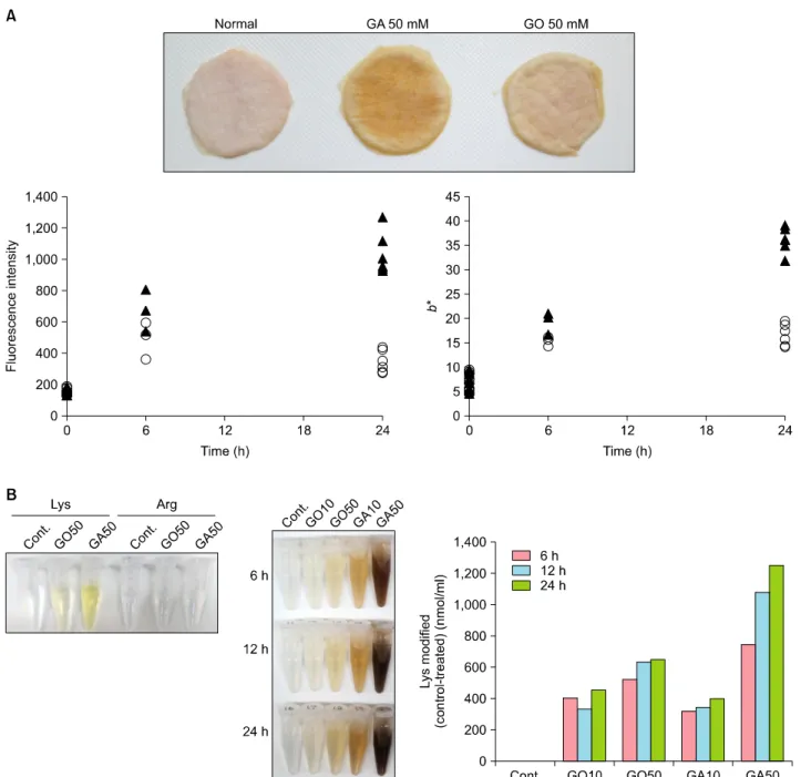 Fig. 2. (A) Macroscopic view of hairless mouse skin glycated using glyoxal (GO) or glyceraldehyde (GA)