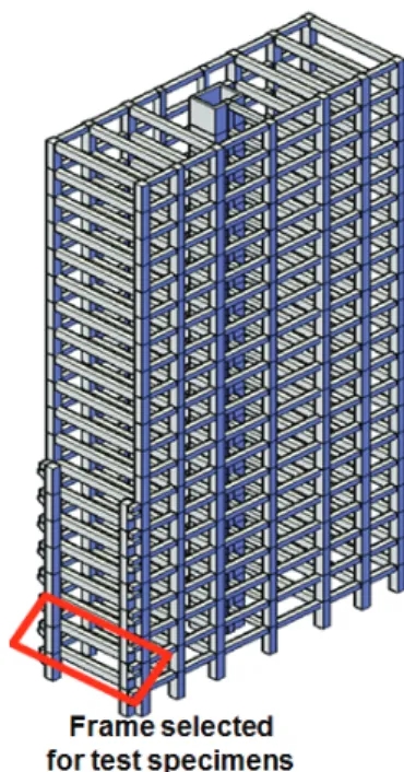 Fig.  3  Investigated  building  and  frame  selected  for  test  specimens-지지구조물로 연계된 시스템을 이용하며,  대상 건축물과 지지구조물은 선형상태를 유지한다고 가정하고,  제진장치의 비선형  이력거동에  의한  에너지  흡수능력을  고려한  경계비선형  해석법을  수행하여  지지구조물의  강성을  변화시키면서 에너지흡수능력을 보장하는 최소강성비 (지지구조물 강성/대상  건축물 1차  모드강