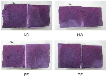 Fig. 5 Carbonation depth measurement3.2 SP 간격재 내구적 실험결과 분석3.2.1  투수량  및  흡수율  시험투수량  및  흡수율  시험은 KS F 2451 및  2476에  따라  실험을  수행하였는데,  실험사진은 Fig