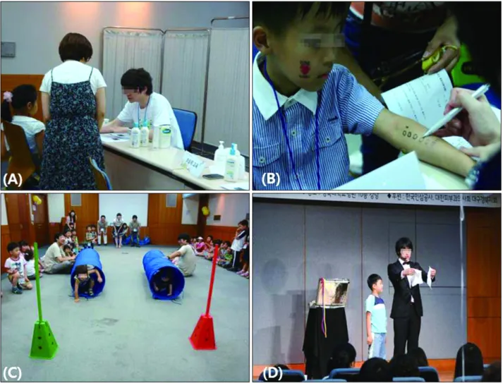Fig. 1. Composition of our atopic dermatitis (AD) school program. (A) Dermatology residents explain the appropriate application method  for emollients