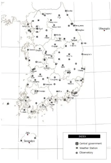 Fig.  1  Temperature  measurement  stations  located  in  each  region of Korea