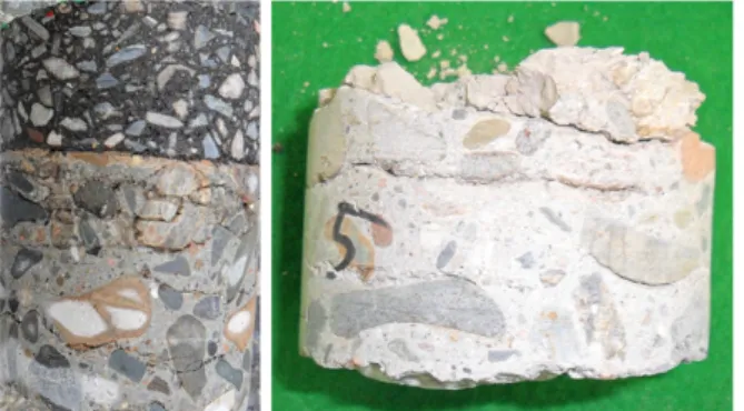 Fig. 9 Concrete deterioration in a core sample (location D) 수는 없었다. 열화 깊이 추정에 대한 신뢰성 제고를 위해서는  콘크리트의  유전상수,  유전상수비와  열화도,  열화  깊이와의  상관관계를 실험을 통하여 규명하여야 할 것으로 사료된다