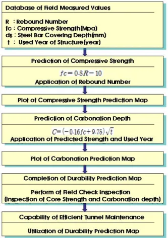 Fig. 13 Flow chart of effective tunnel maintenance 지의 피복두께(mm), A는 탄산화 속도계수,  t 0 는 현재의  구조물  경과기간(년)이다