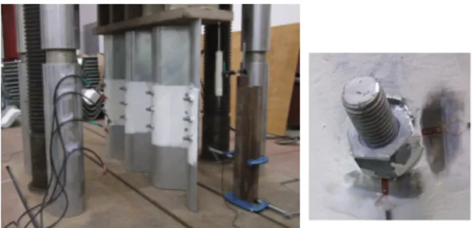 Fig. 4 Test setup and gage installation on the periphery of bolt 가력조건이 규정되어 있지 않기 때문에 본 연구에서는 김 태수(2009)와  이주원(2011)의  연구  결과를  바탕으로  0.05mm/sec의 속도의 하중을 변위제어 방식으로 가력하 였다