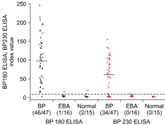 Fig. 2. Scatter plot representation of BP180 (NC16A domain,  represented in black dots) and BP230 (C- and N-terminal  recombinant proteins, represented in red dots) ELISA results  (index value)