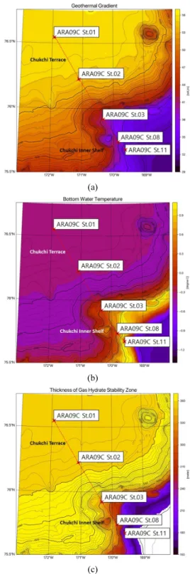 Fig. 9. Maps of the (a) geothermal gradient, (b) bottom water  temperature,  and  (c)  estimated  thickness  of  the  gas  hydrate  stability zone for the Chukchi Plateau, Arctic Ocean.