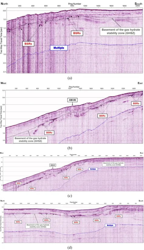 Fig.  10.  Single-channel  seismic  images,  including  confirmed  gas  hydrate  related  BSRs:  (a)  seismic  image  for  the  survey  line 