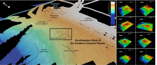 Fig. 2. Three-dimensional bathymetry map of eight sea-mound structures found on the western slope of the Chukchi Plateau, Arctic  Ocean (modified from Jin et al., 2019).