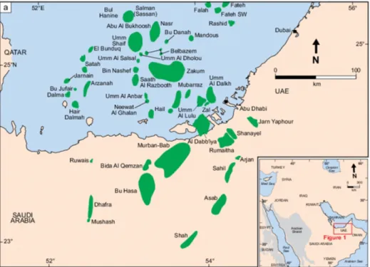 Fig. 10. Location map of the onshore and offshore fields of UAE (Morad et al., 2012). 활용, 국내 운송을 포함한 복합 파일럿 사업 설계를 담당할  수 있을 것으로 판단된다