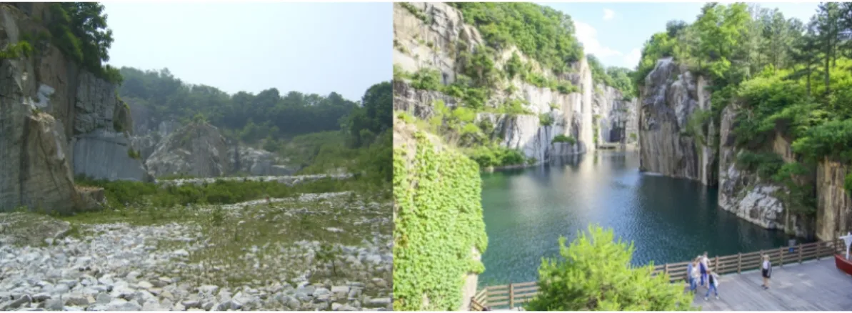 Fig. 1. Pocheon Art Valley; quarry status (left) and development status (right). (Source: Pocheon Artvalley, http://artvalley.poch eon.go.kr) 내에도 소개하고 있다