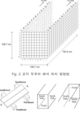 Fig.  1  동남쪽으로부터의  교량  전경 Fig.  2  교각  두부의  해석  위치  명명법Fig.  3  각  교각  두부와  단면의  명명법1