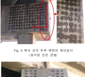 Fig.  5  북서  교각  두부  북면의  육안검사 (표시된  선은  균열) Fig.  6  북서  교각  두부  정면의  육안검사 (표시된  선은  균열) Fig