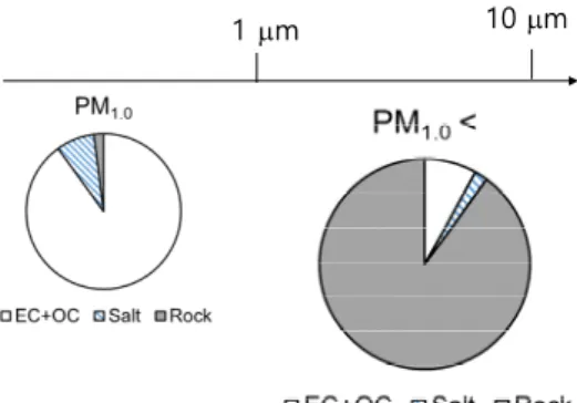 Fig. 1. A characteristic correlation between the sizes and the  species of the particles from mines