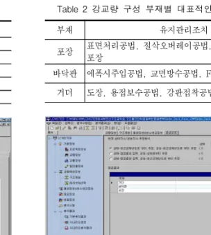 Fig.  11은 거더에  대한  무조치시의  상태지수이력곡 선을  나타내고  있으며,  사용자에  의해  상태지수곡선의  조정이 가능하다. 교량의  구성  부재별  손상의  종류는  안전점검  및  정 밀안전진단  세부지침에  점검부위별,  구성재료별로  상 세히  정의되어있다