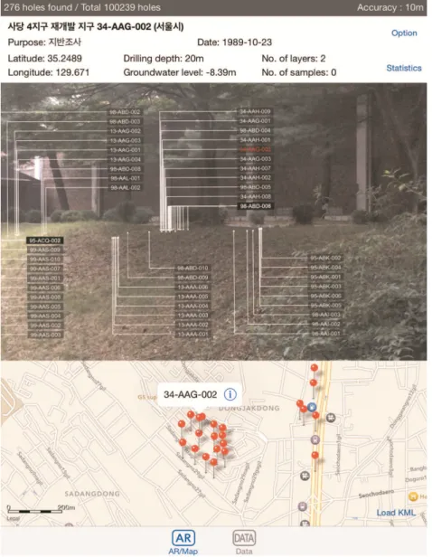 Fig. 2. Screen shot of the Borehole AR iPad application showing a camera view with superimposed borehole data (above) and a  2D map of borehole locations (below) (Lee et al., 2015).