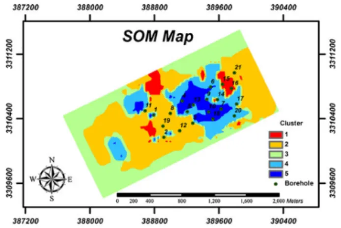 Fig. 9. A self-organizing map created to explore the mineral deposits in an area (Machine learning and seismic interpretation,  2019).