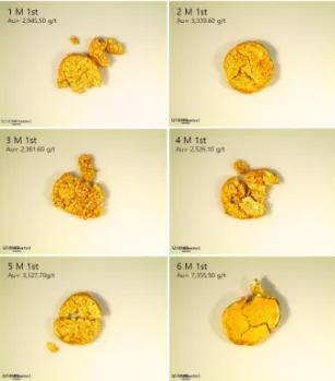 Fig. 11. Stereoscopic microscope image of gold particles on  the 2 nd  filter papers as a function of nitric acid concentration  by lead-fire assay