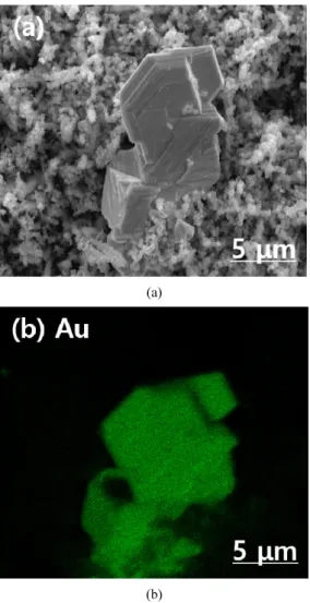Fig. 7. SEM and EDS elemental mapping after the adsorption  test: (a) SEM image, (b) Elemental mapping of Au.