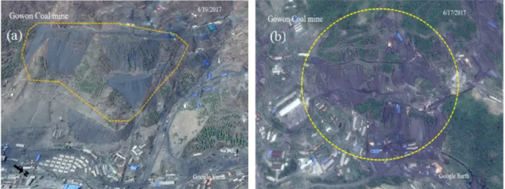 Fig. 7. Mine waste rock dump in April (a) and June (b) 2017 at the Gowon Coal mine.