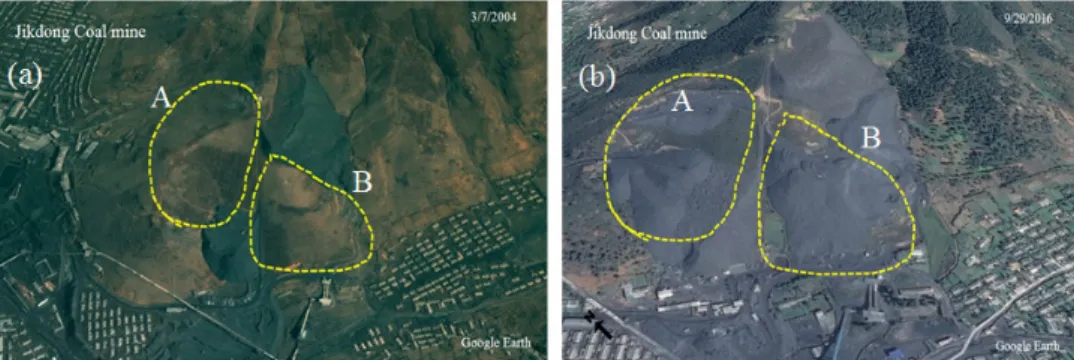 Fig. 10. Mine waste rock dump in 2004 (a) and 2016 (b) at the Gigdong Coal mine.